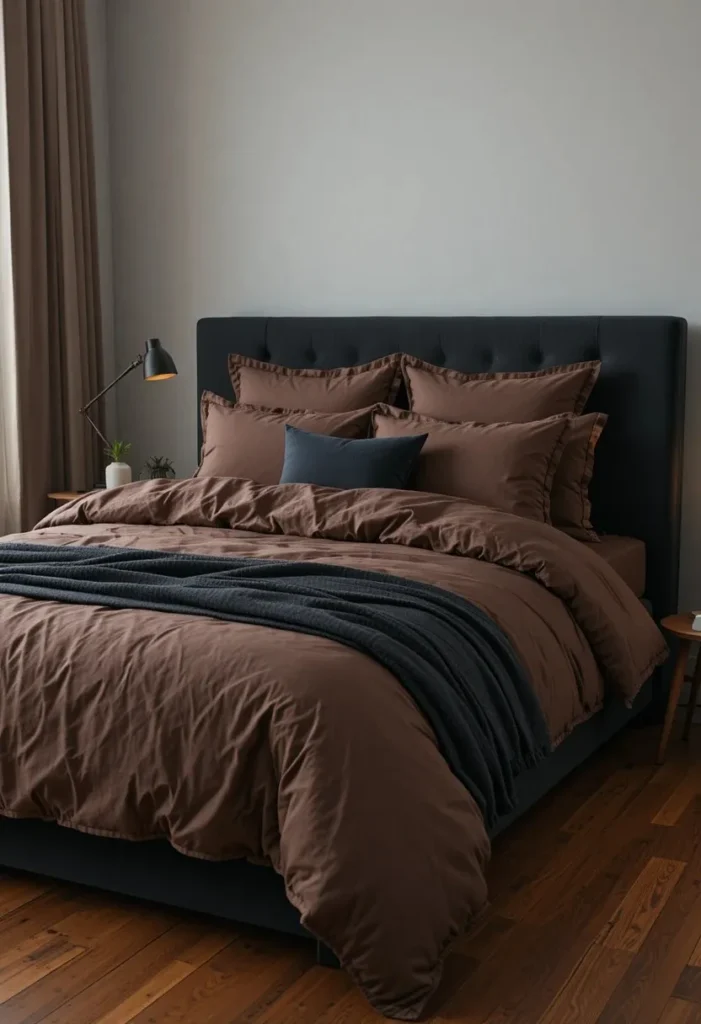 Chocolate brown bedding layered with black accent pillows in a modern bedroom.