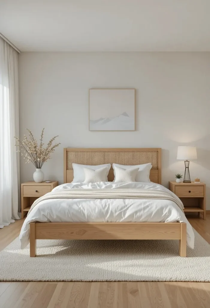 Natural wood furniture warming up a bright white bedroom.