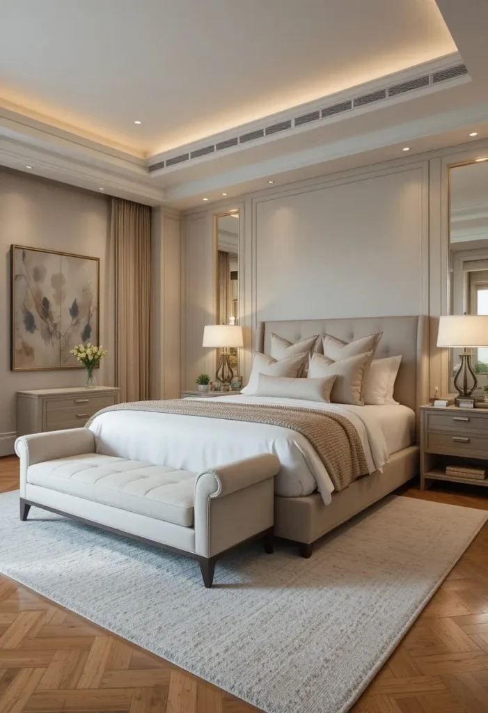 Padded bench placed at the foot of the bed in a stylish couples bedroom.