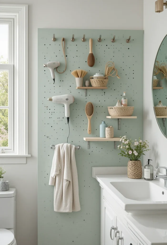 Bathroom pegboard organizing styling tools and accessories.