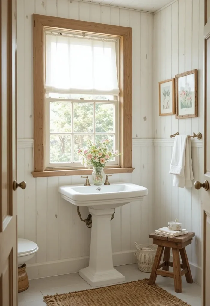 White café curtains providing privacy while allowing natural light into a cozy bathroom.