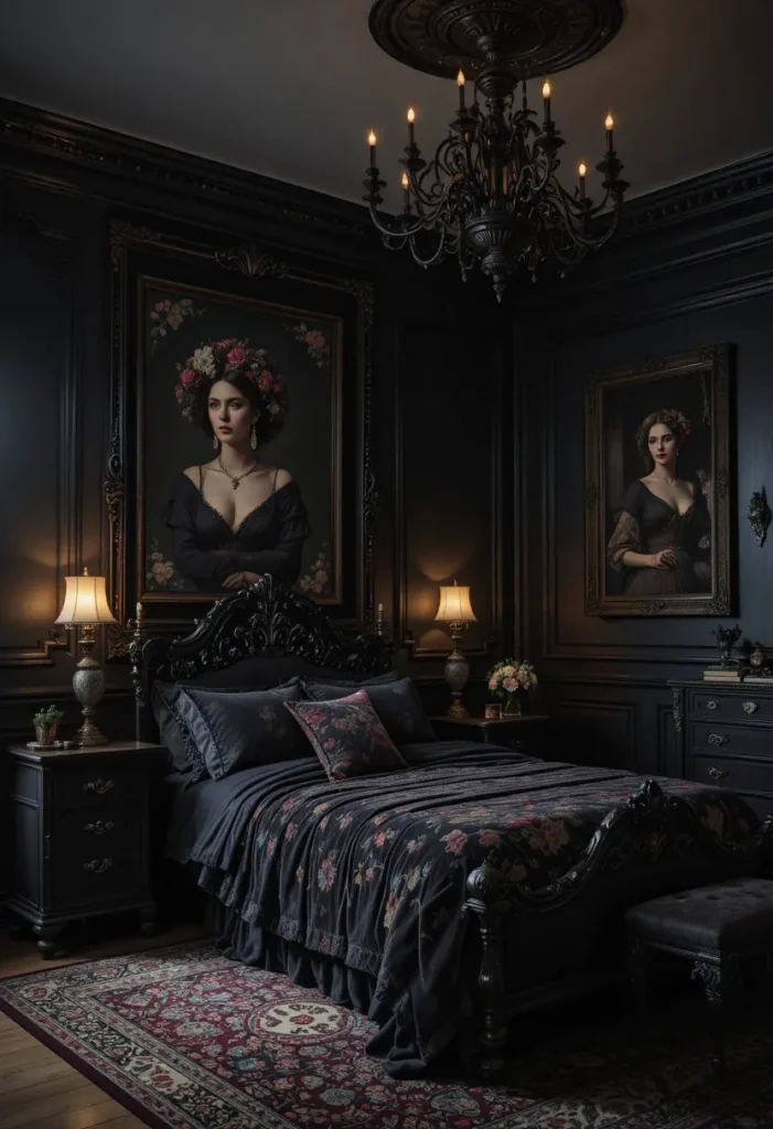 Gothic portraits and dramatic artwork decorating a vampire bedroom.