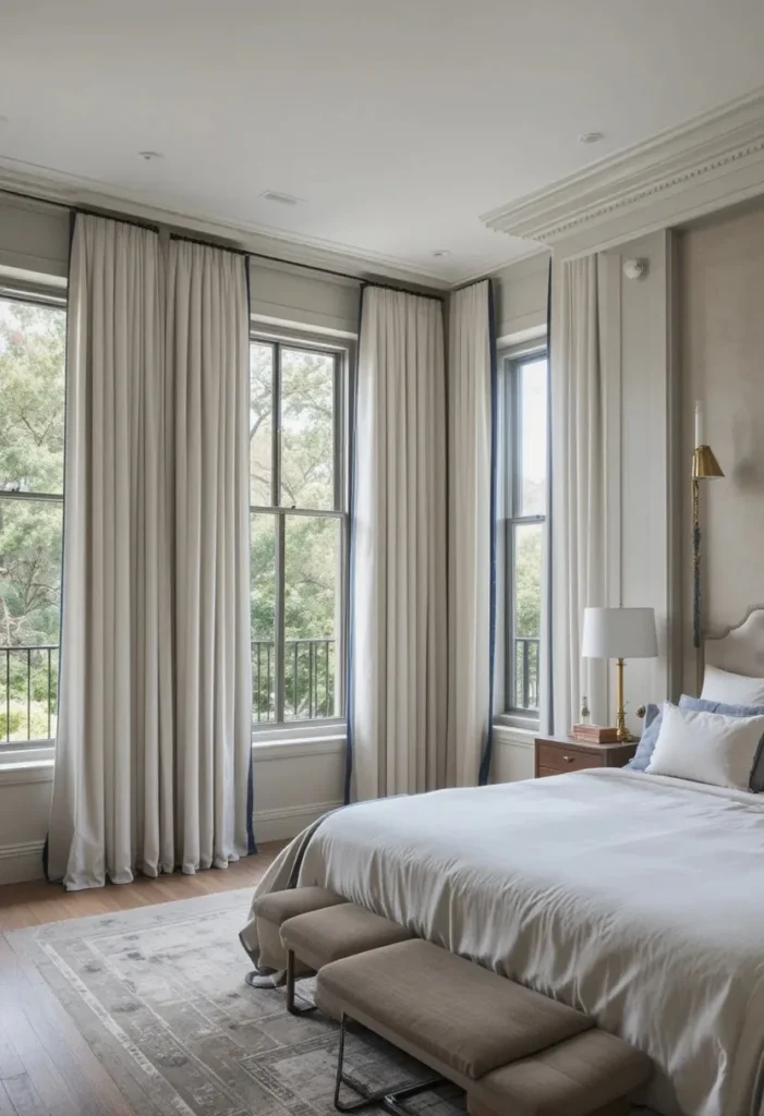 Two-tone curtains with navy trim adding tailored style to a bedroom.