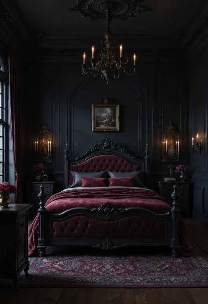 Bedroom with matte black walls creating a dramatic gothic atmosphere.