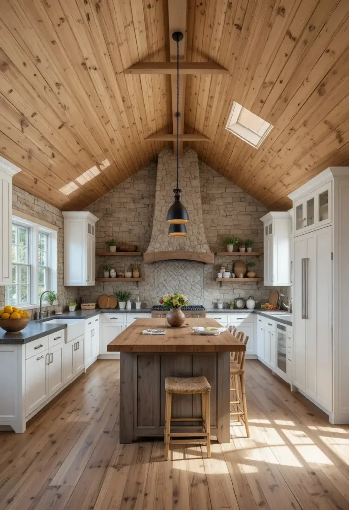 Wood plank vaulted ceiling bringing cozy cabin charm to the kitchen.