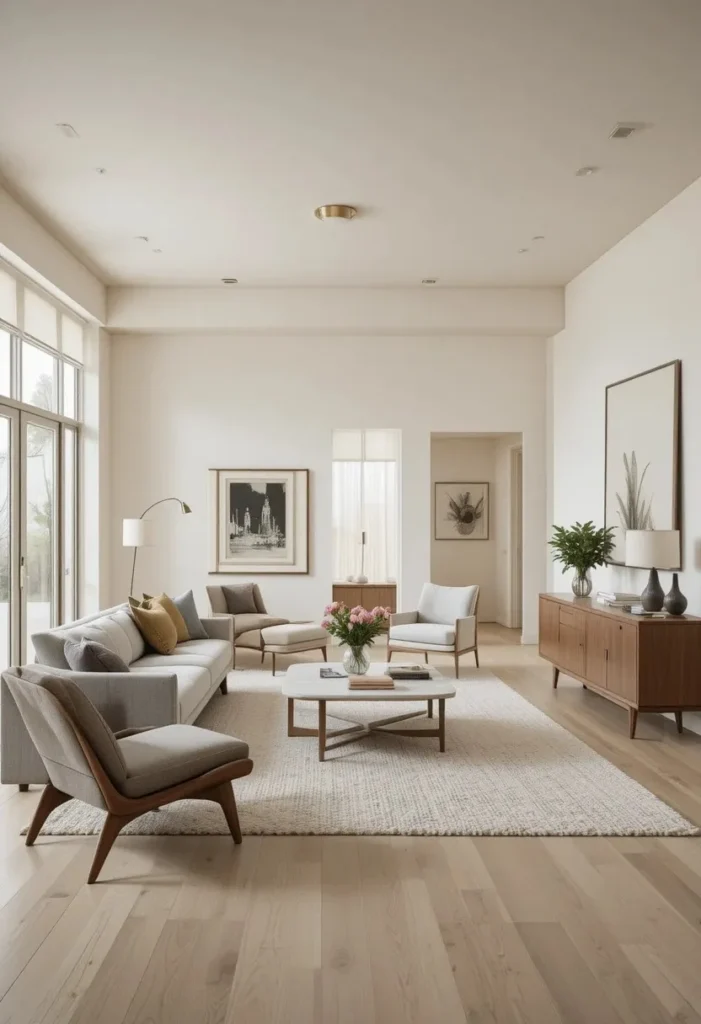 Mid century furniture with tapered wooden legs creating a cohesive retro style.