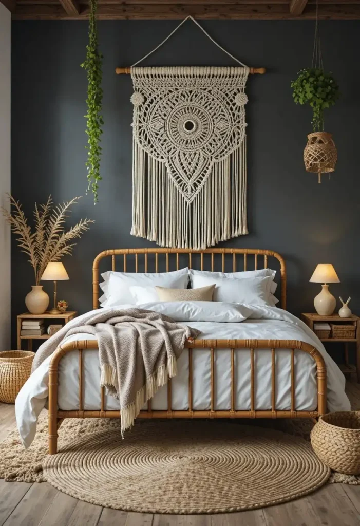 Cream macramé wall hanging decorating a dark boho bedroom above the bed.