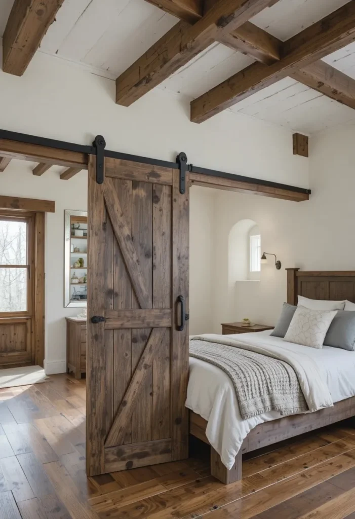 Sliding barn door adding rustic farmhouse charm to a bedroom.