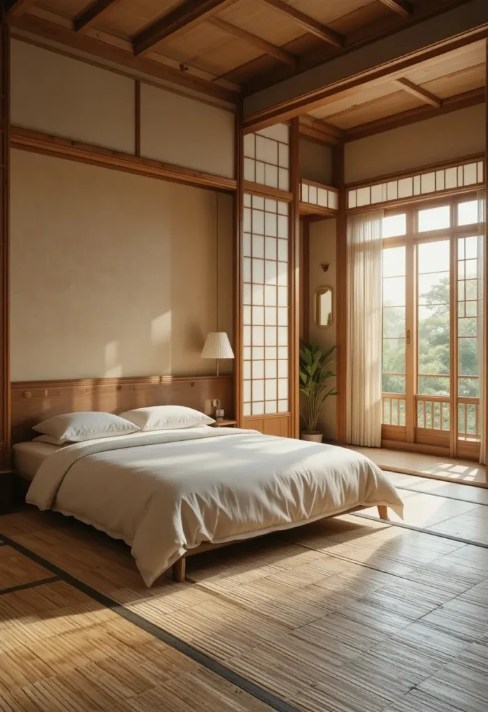 Traditional shoji screen bringing privacy and soft light to a Japanese bedroom.