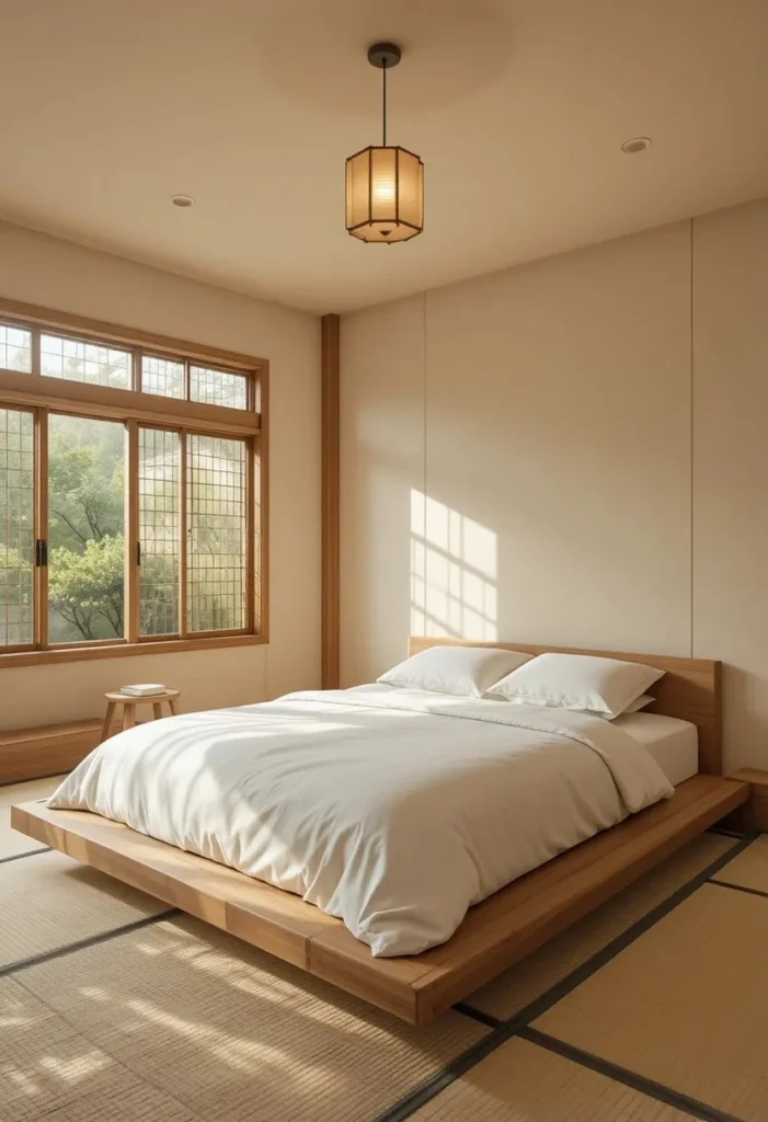 Low wooden platform bed creating a calm Japanese-inspired bedroom.