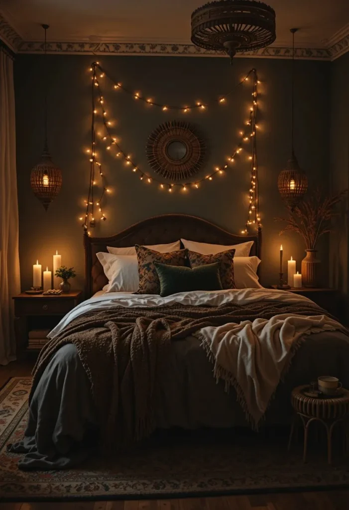 Warm candlelight creating a cozy atmosphere in a dark boho bedroom.