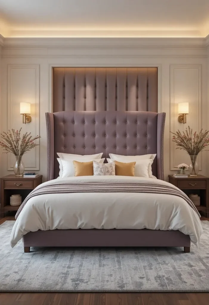 Dusty lavender bedroom walls with warm white trim creating a calm and elegant retreat.