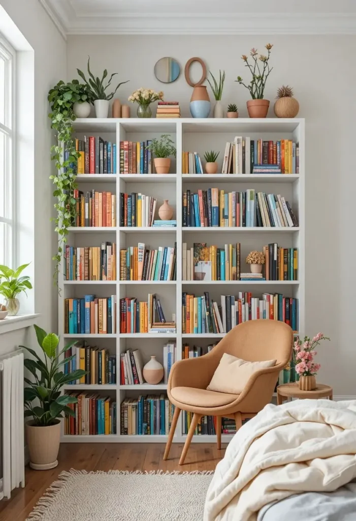 Books arranged by rainbow colors on a stylish bedroom bookshelf.