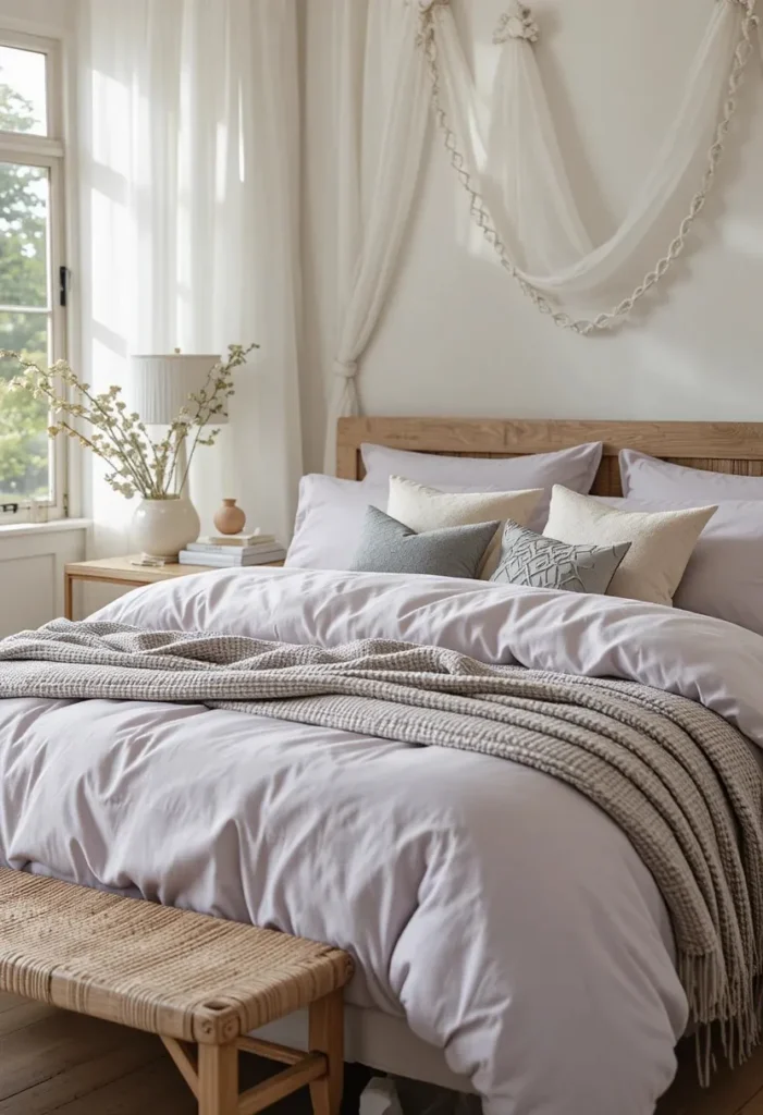 Layered lilac and cream bedding creating a soft and relaxing bedroom.