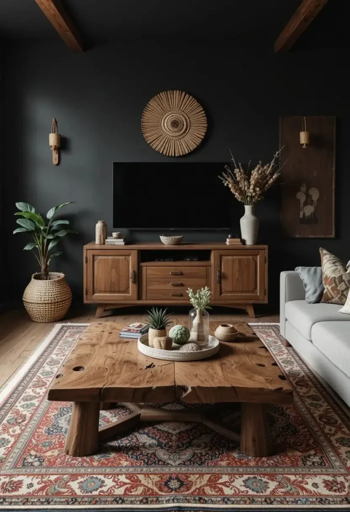 Textured reclaimed wood furniture enhancing a dark boho living room.