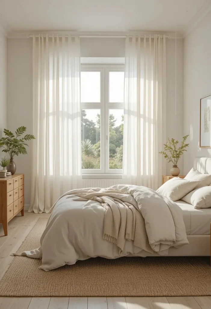 Sheer linen curtains filling a peaceful bedroom with soft natural light.