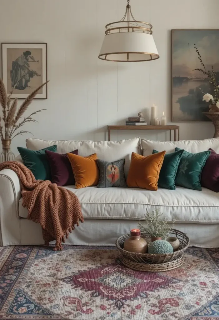 Layered jewel-toned textiles adding warmth to a dark boho living room.
