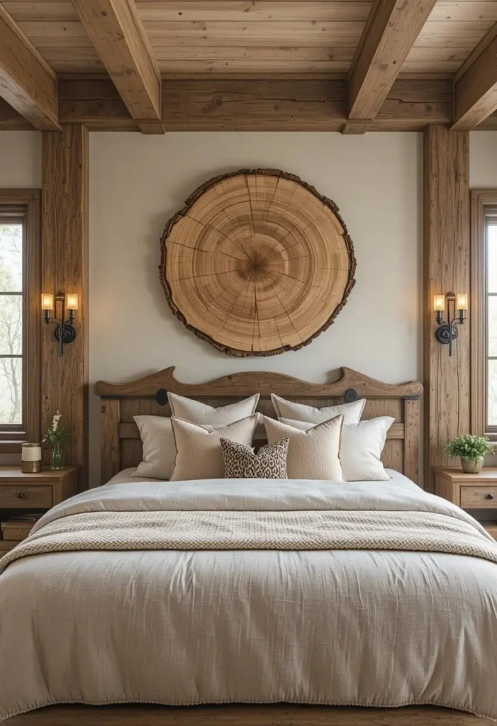 Natural wood slice wall décor adding rustic character to a cozy bedroom.