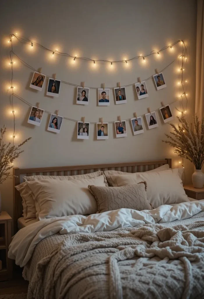Fairy lights with clipped photos creating a warm and personal bedroom wall.