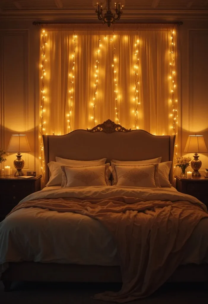 Romantic couples bedroom with soft lighting, candles, and cozy evening ambiance.