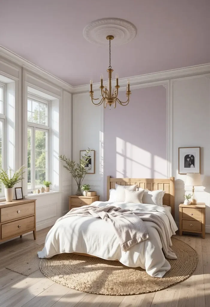 Soft lavender ceiling creating a dreamy focal point in a modern bedroom.