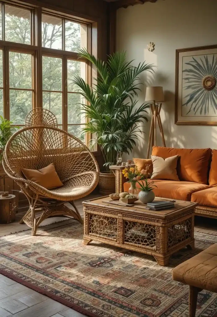 Rattan furniture bringing natural texture to a 70s-inspired living room.