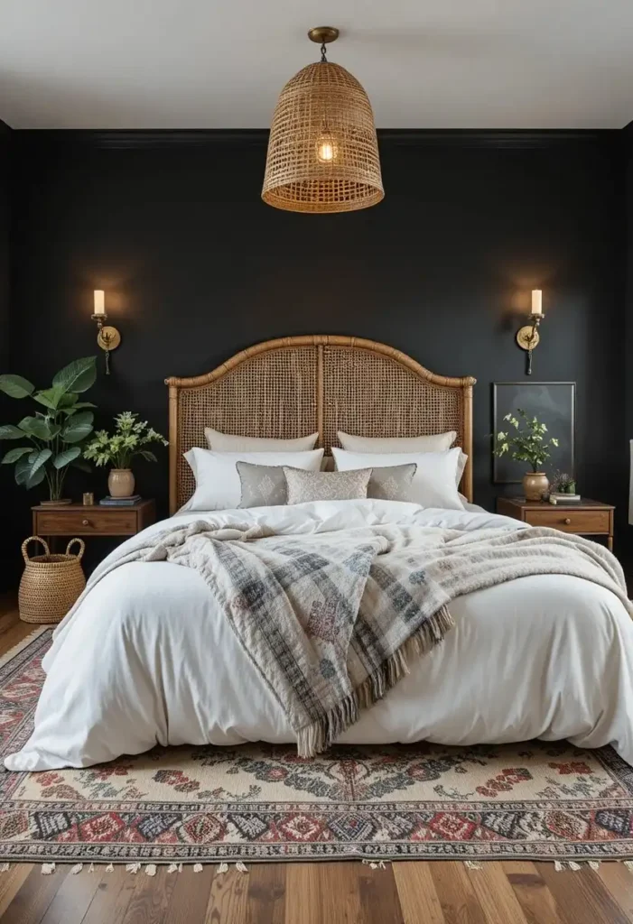 Matte black bedroom walls paired with rattan furniture and brass lighting in a dark boho style.