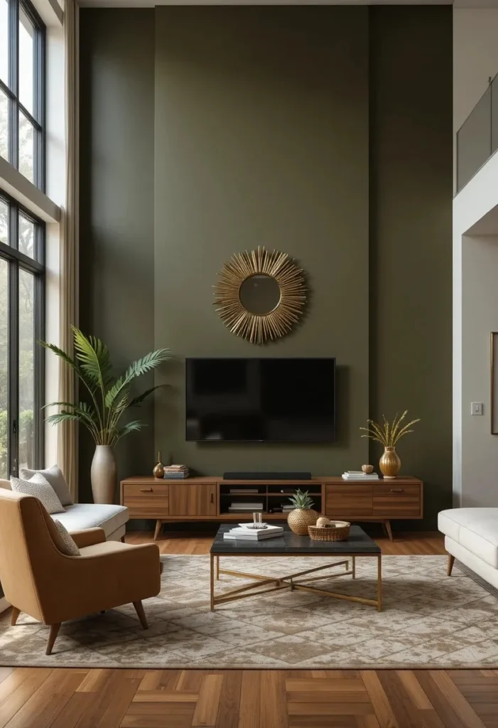 Deep olive statement wall highlighting a mid century modern living room.