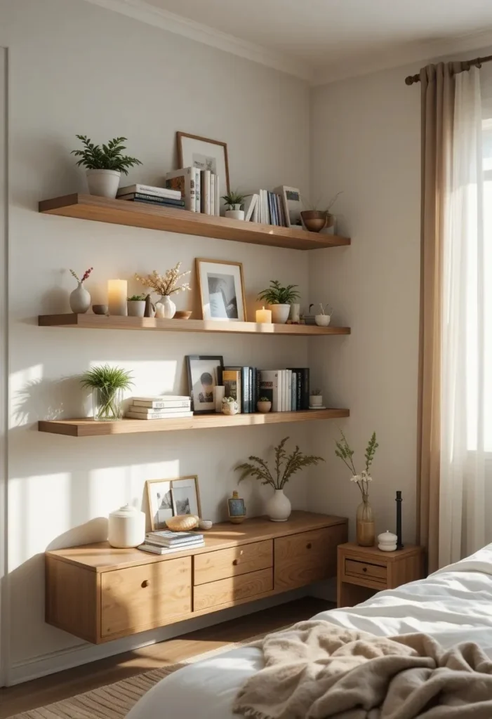 Floating shelves displaying books and décor in a stylish bedroom corner.
