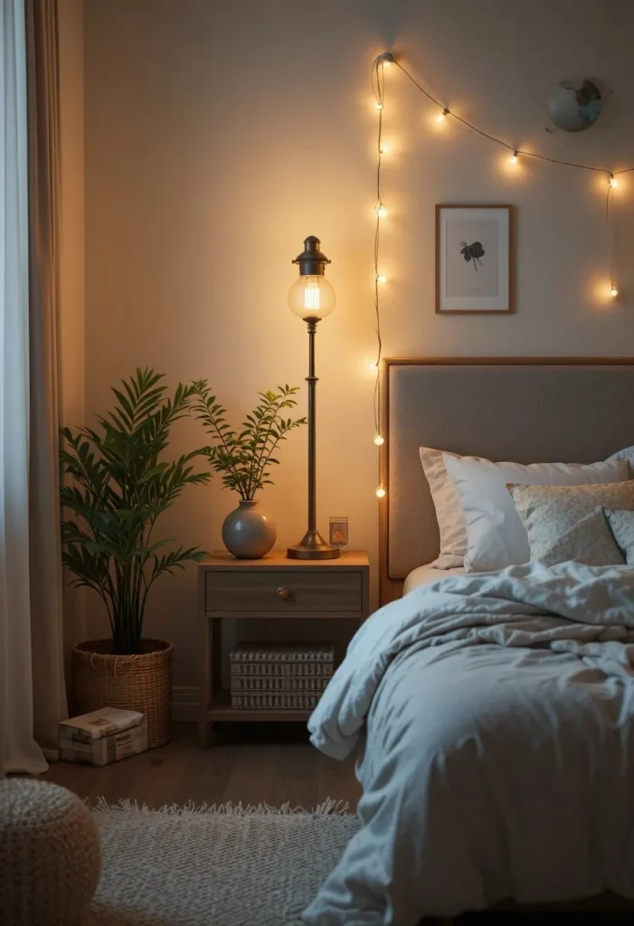 Warm ambient lighting transforming a bedroom corner into a cozy retreat.
