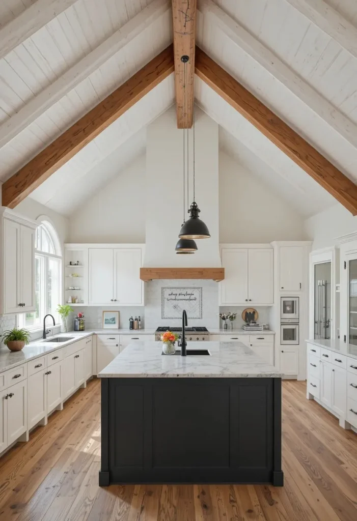 Vaulted ceiling kitchen featuring exposed wooden beams for rustic warmth.
