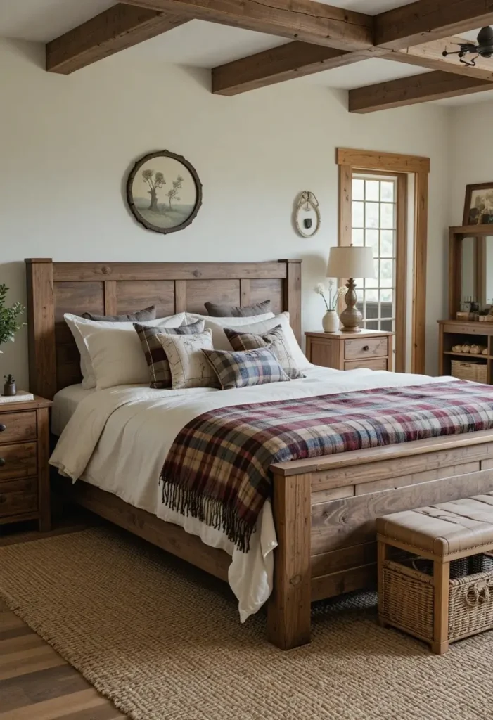 Plaid and buffalo check accents bringing warmth to a rustic bedroom.