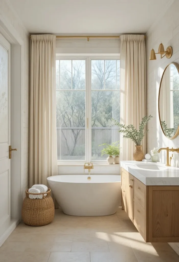 Sheer ivory linen curtains filtering soft natural light into a bright spa-style bathroom.