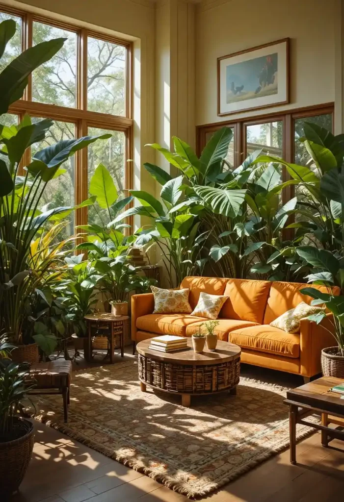 Large indoor plants creating a lush retro atmosphere in a 70s living room.