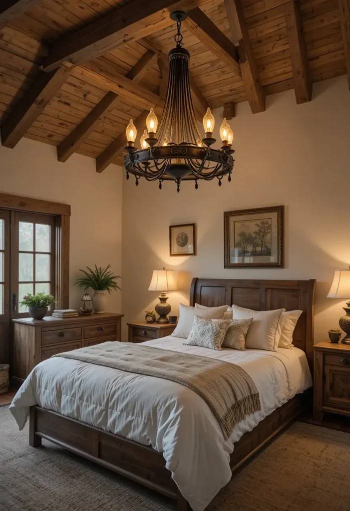 Wrought iron lighting bringing cozy cabin charm to a rustic bedroom.