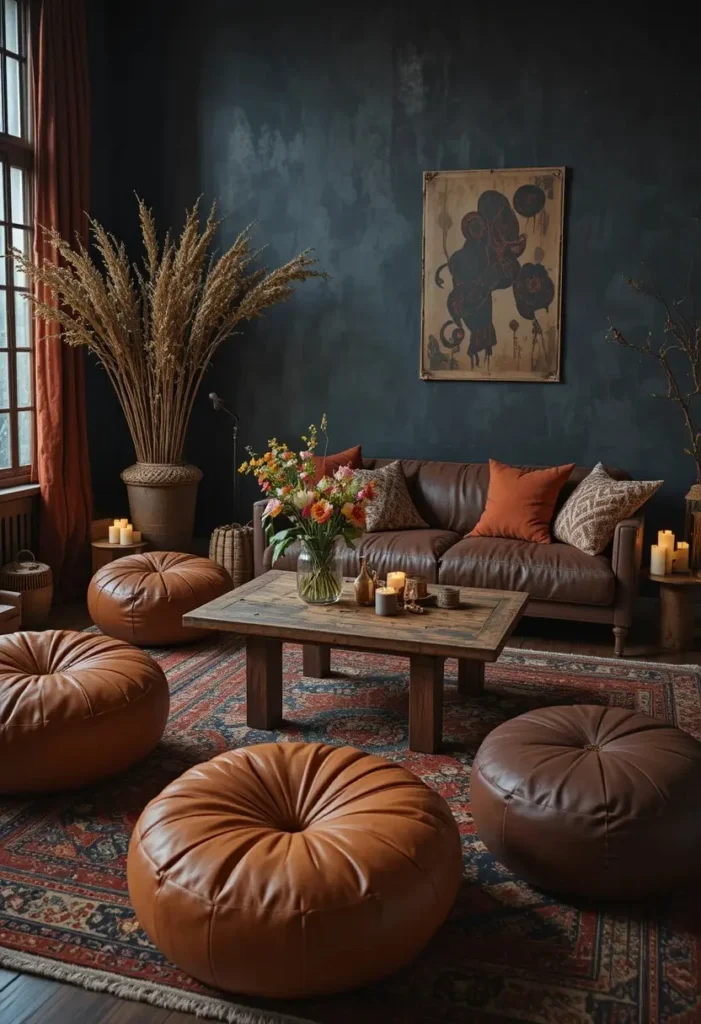 Leather poufs and floor cushions creating cozy seating in a dark boho living room.