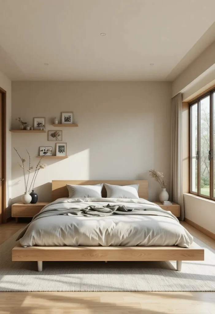 Neutral color palette creating a peaceful Japanese bedroom retreat.