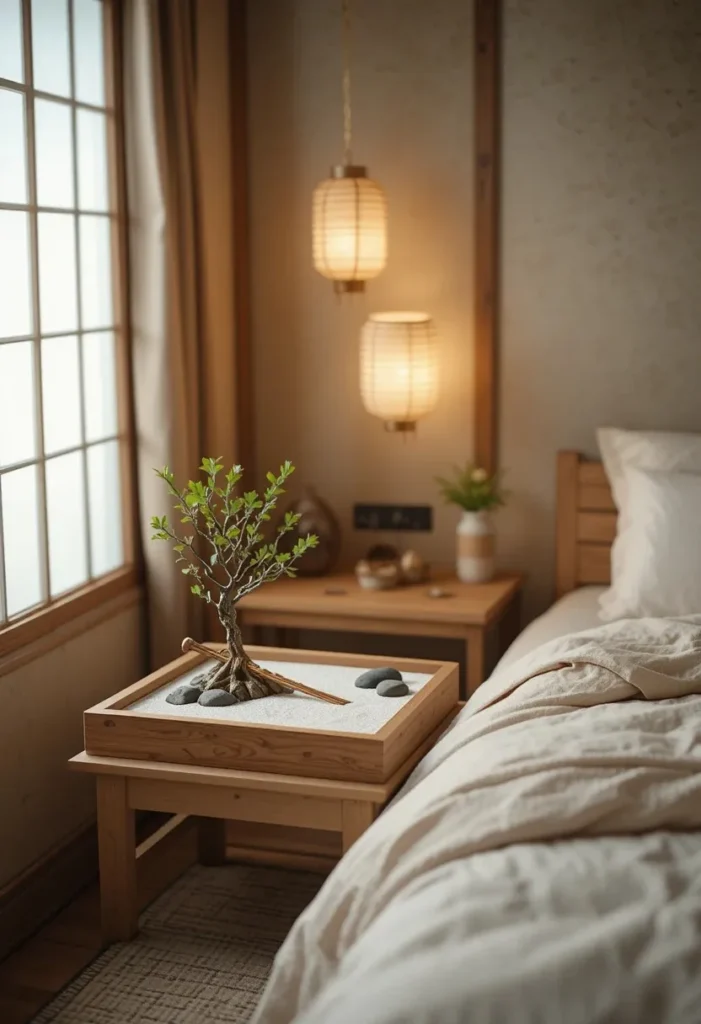 Mini Zen garden on a nightstand adding a calming touch to a Japanese bedroom.
