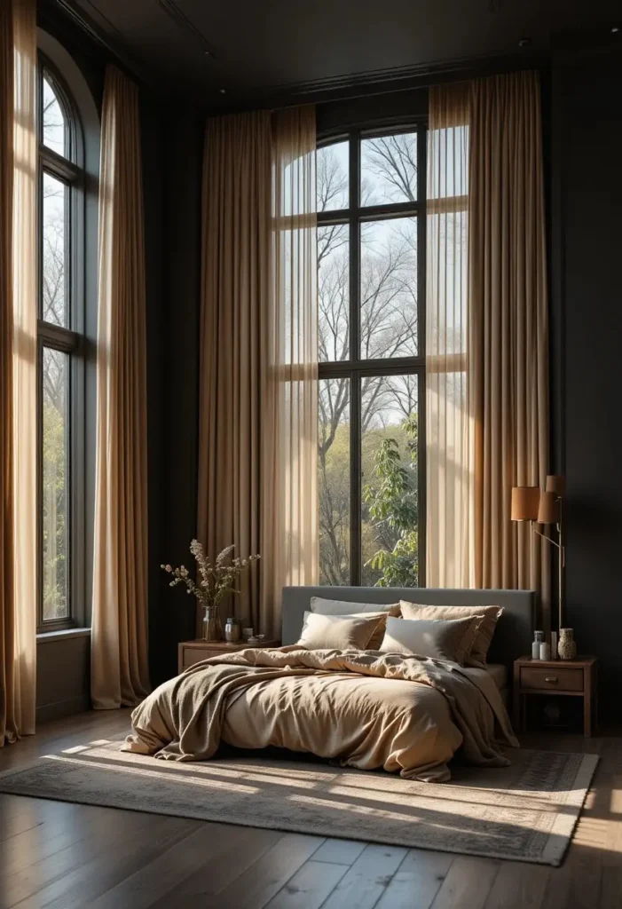 Tan linen curtains adding warmth and softness to dark bedroom walls.