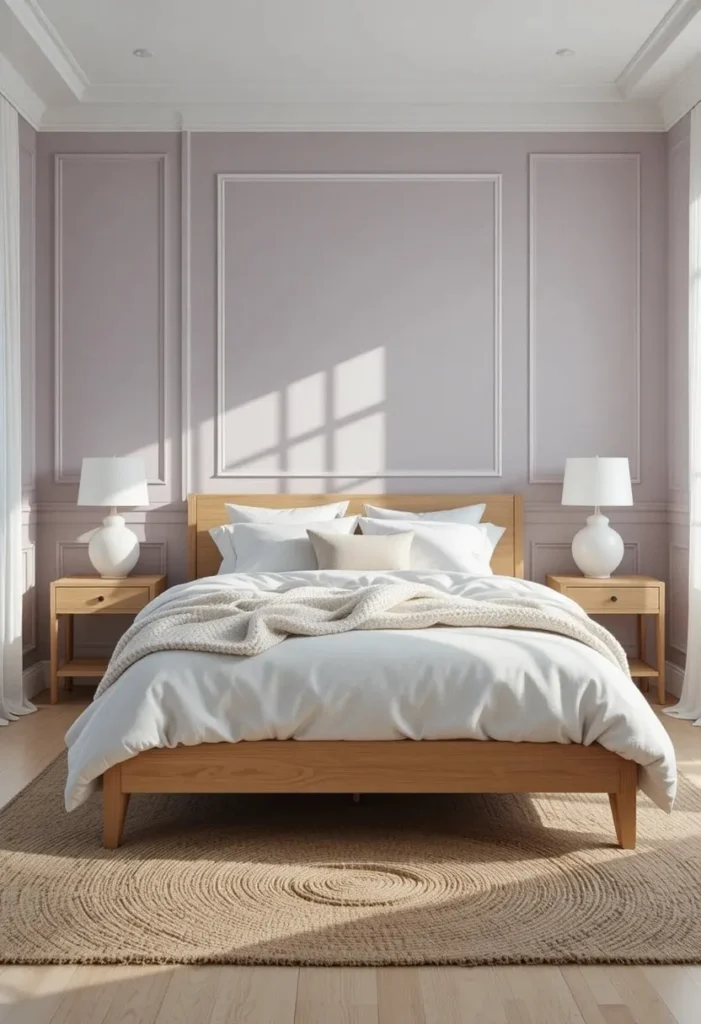 Dusty lavender bedroom walls with warm white trim creating a calm and elegant retreat.