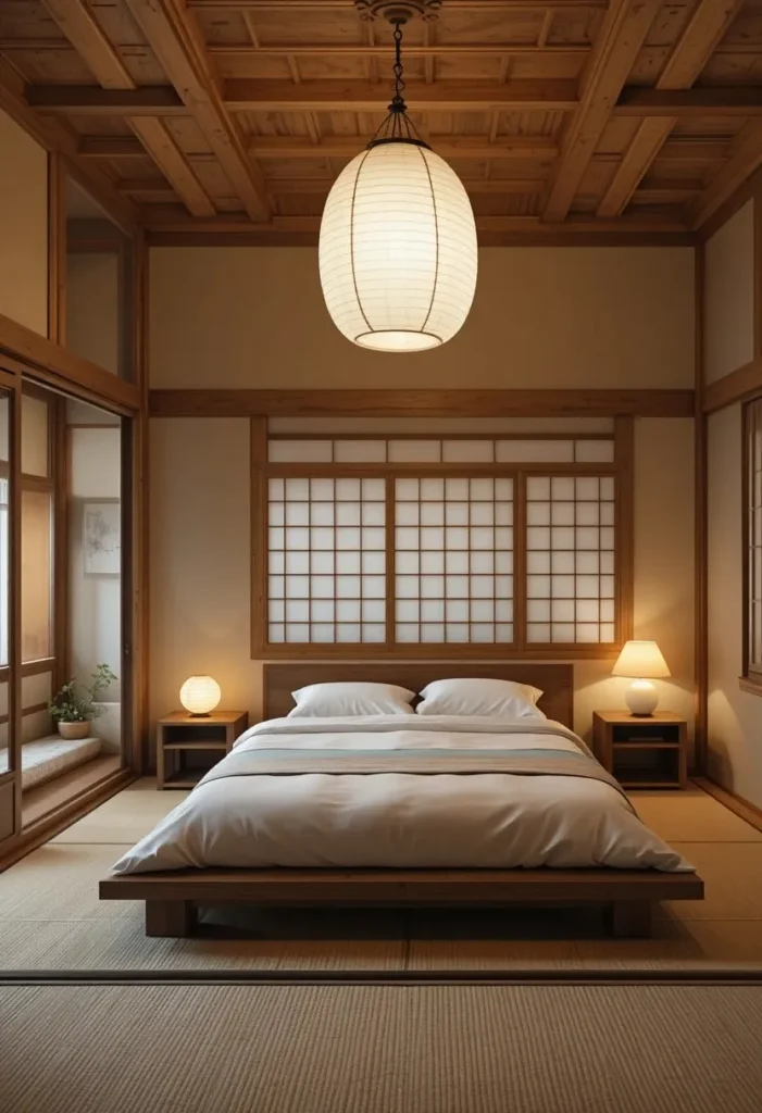 Paper lantern lighting creating a warm and relaxing Japanese bedroom.