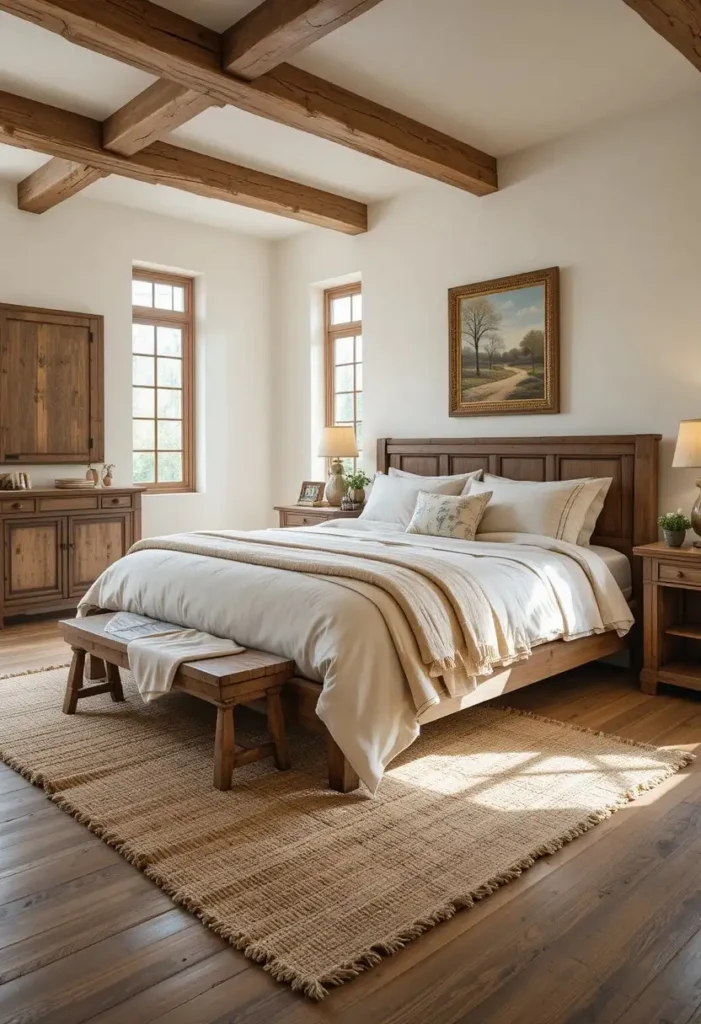 Wide-plank wood flooring enhancing the warmth of a rustic bedroom.