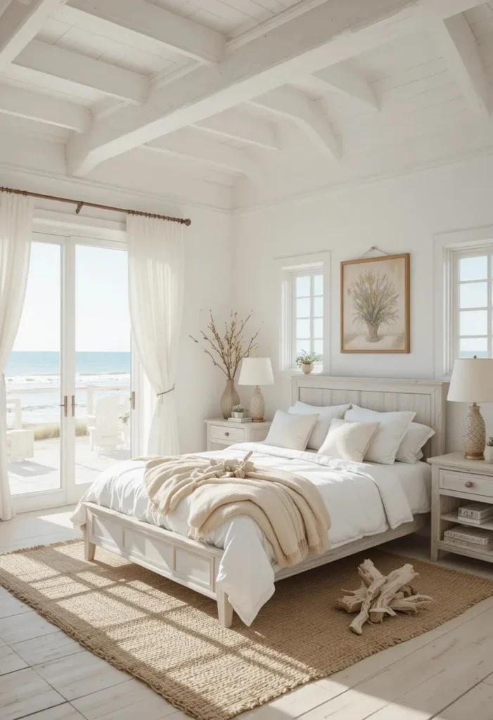 White linen curtains filling a beach bedroom with soft natural light.
