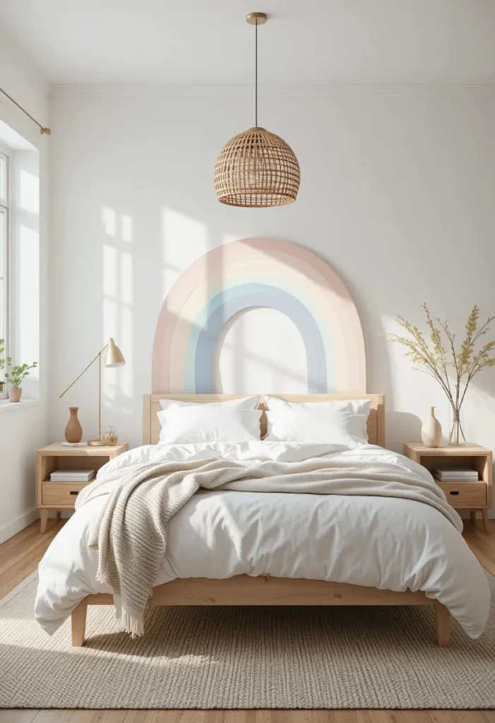 Pastel rainbow arch painted behind the bed as a creative headboard.