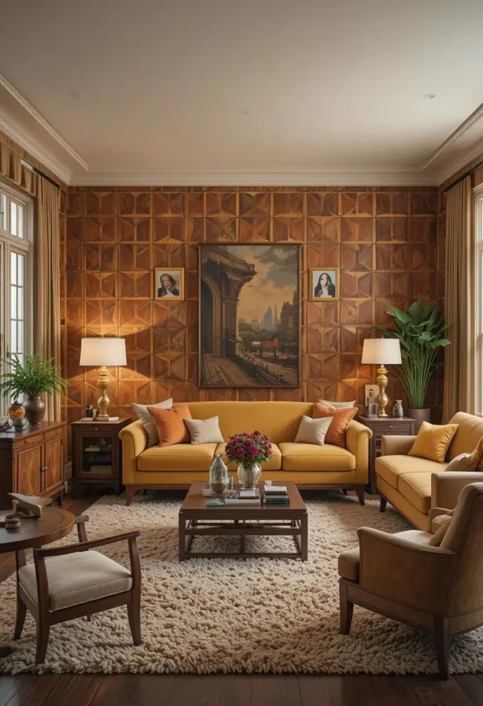 Groovy geometric wallpaper adding classic 1970s character to a living room.
