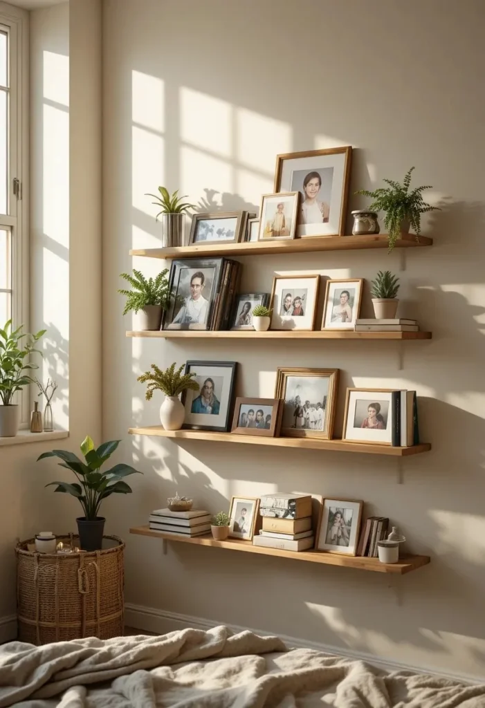 Floating shelves displaying framed photos in a warm bedroom setting.