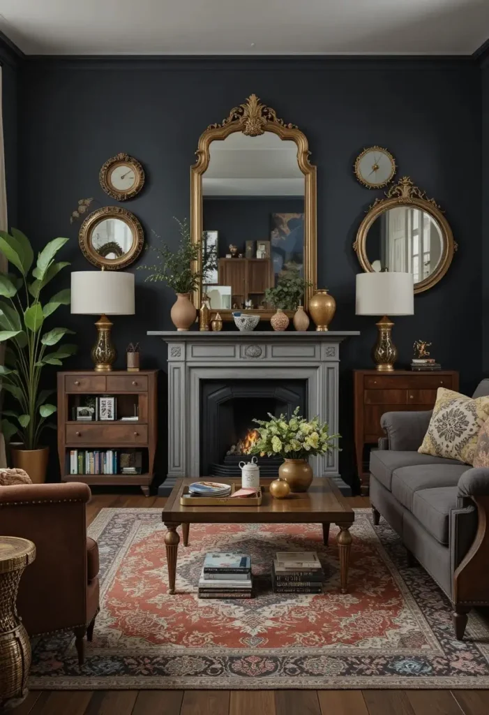 Mixed metal décor adding warmth and elegance to a dark boho living room.