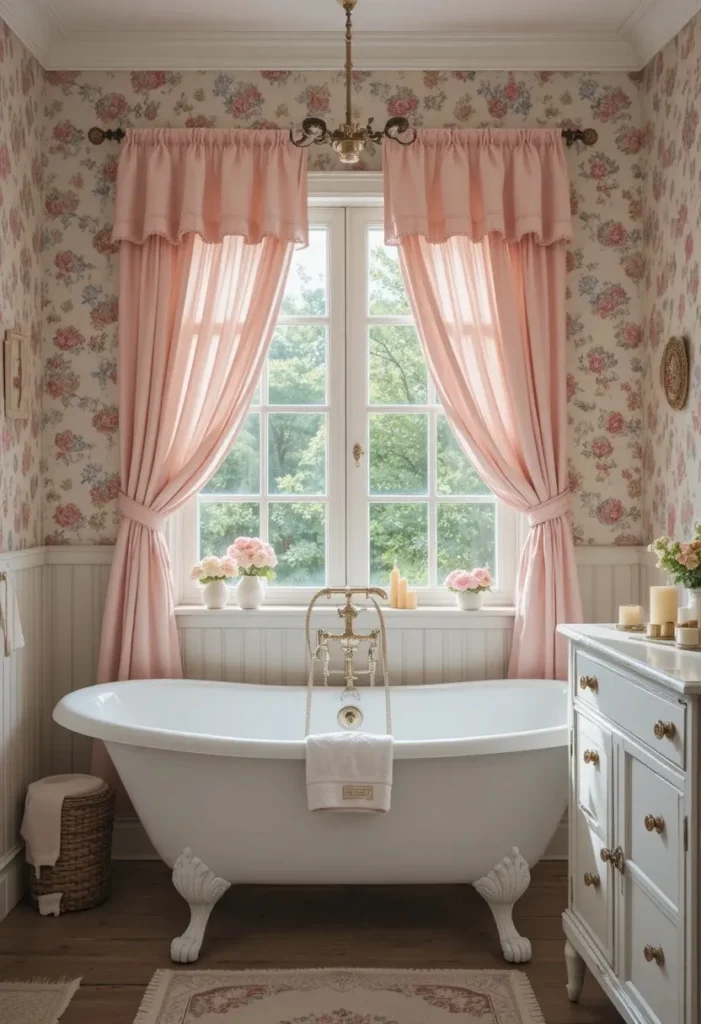 Blush pink ruffled bathroom curtains adding romantic cottage charm.