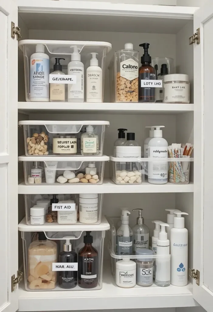 Clear stackable bins organizing toiletries inside a bathroom cabinet.