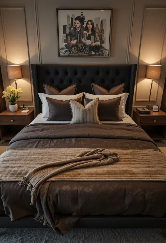 Black and brown striped throw blanket adding texture to a modern bedroom.